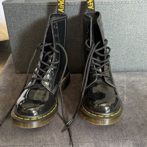 Dr. Martens Black Patent 8-Eye Lace-Up Boots with Yellow Stitching